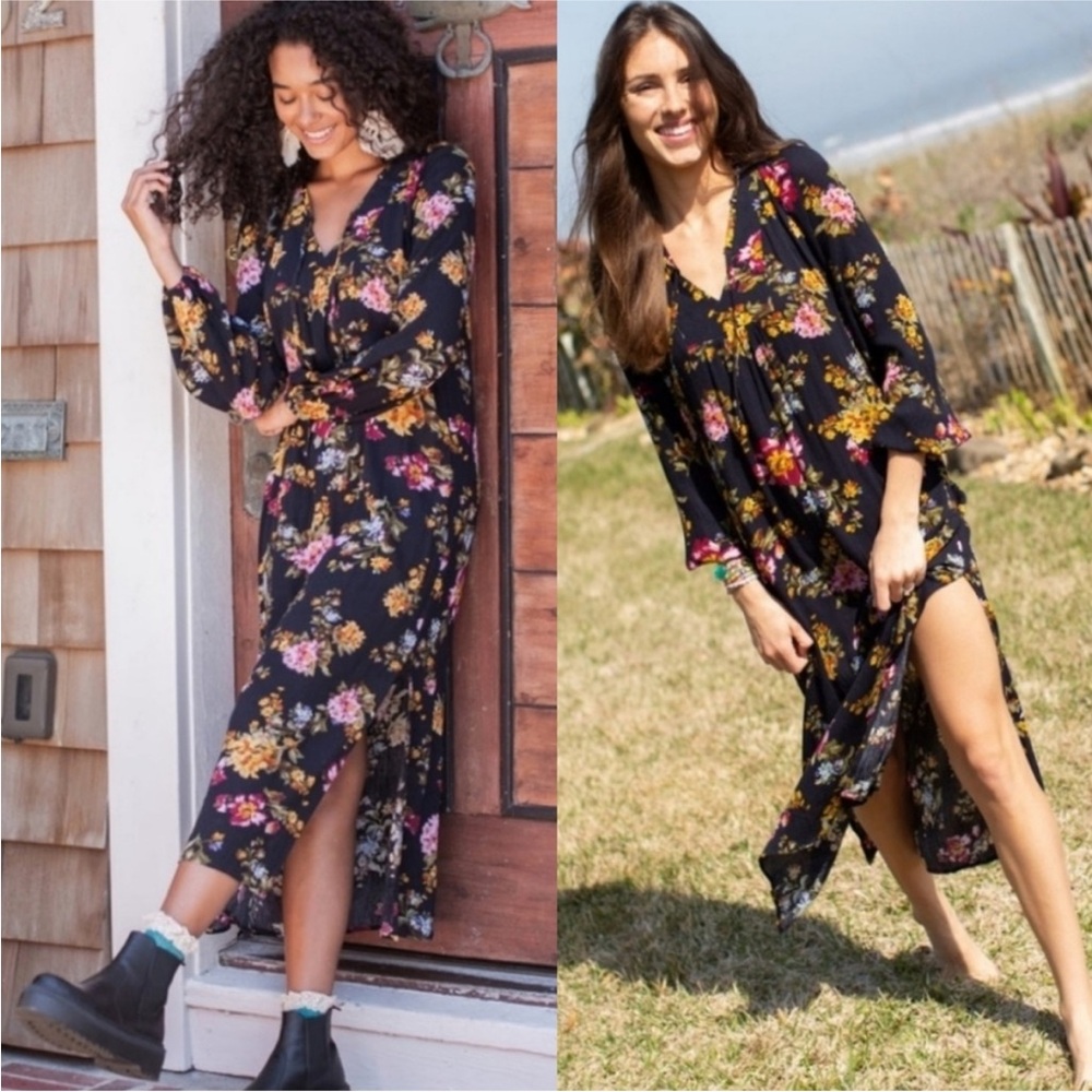 NATURAL LIFE Rowan midi side-slit dress in black crepe floral
